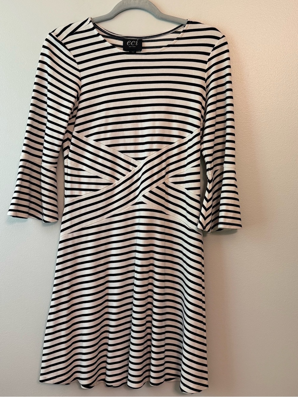 ECI Black and White Striped Long-Sleeve Fit & Flare Dress